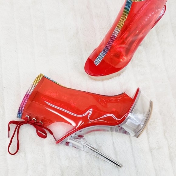 Clear Red Platform Heels With Rhinestone Trim - Picture 4 of 6